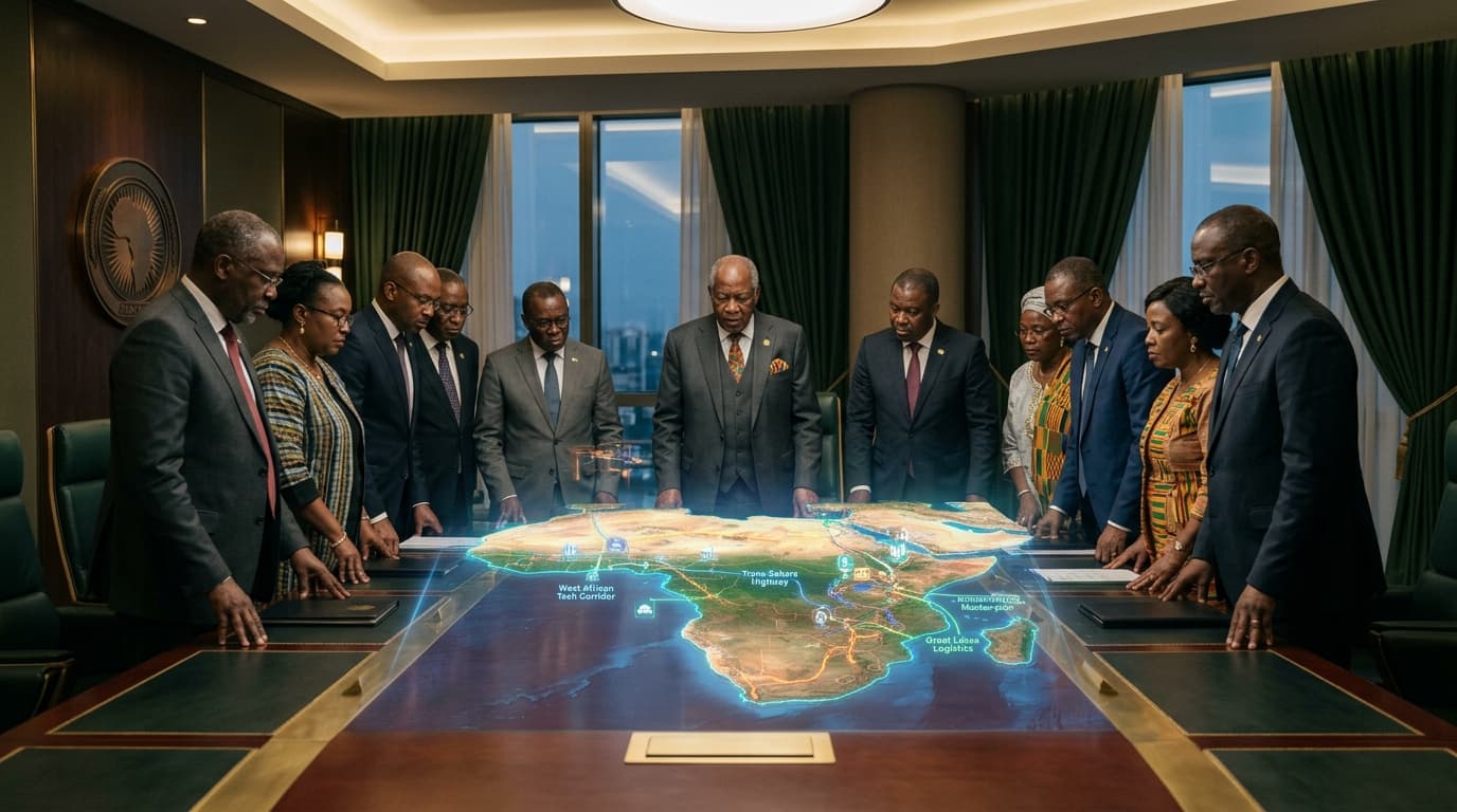 African ministers and planning advisors reviewing development roadmaps around conference table