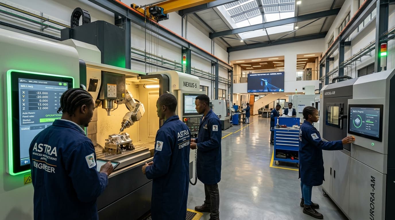 African engineers in modern technical facility operating CNC and manufacturing tools