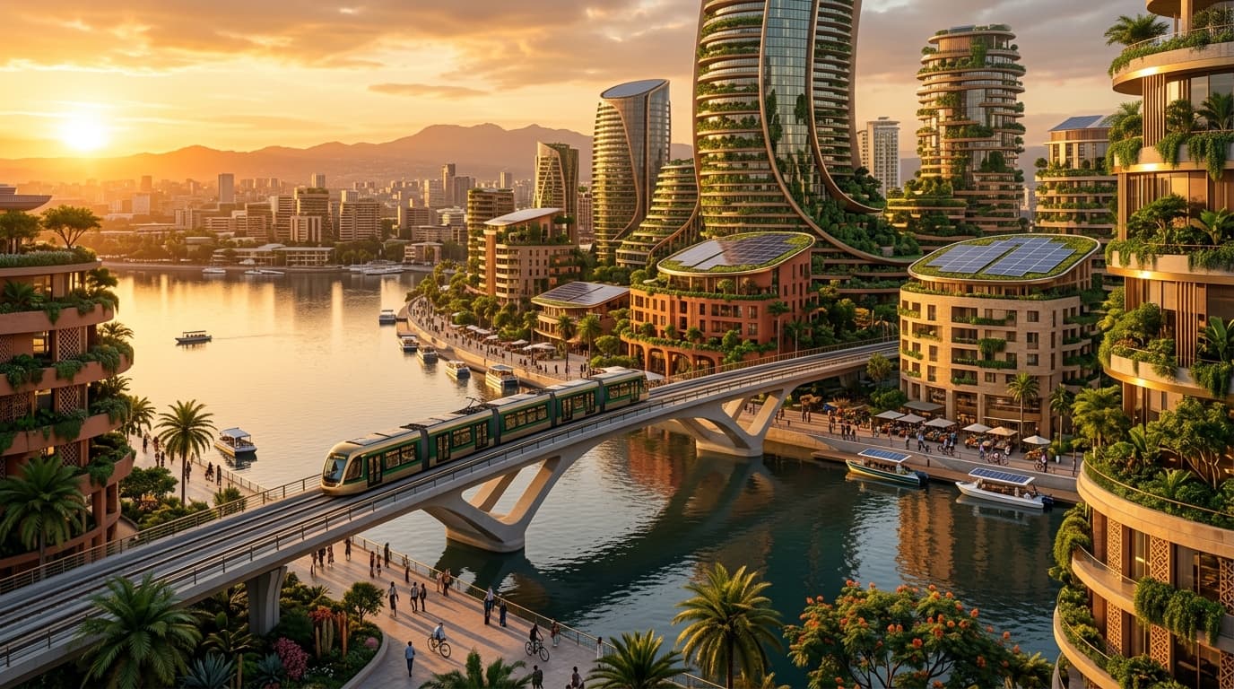 Modern sustainable African city with light rail transit and solar architecture